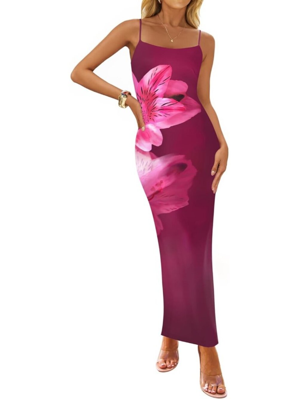 Women’s Purple Red Floral Bodycon Maxi Square Neck Boho Beach Summer Long Dress